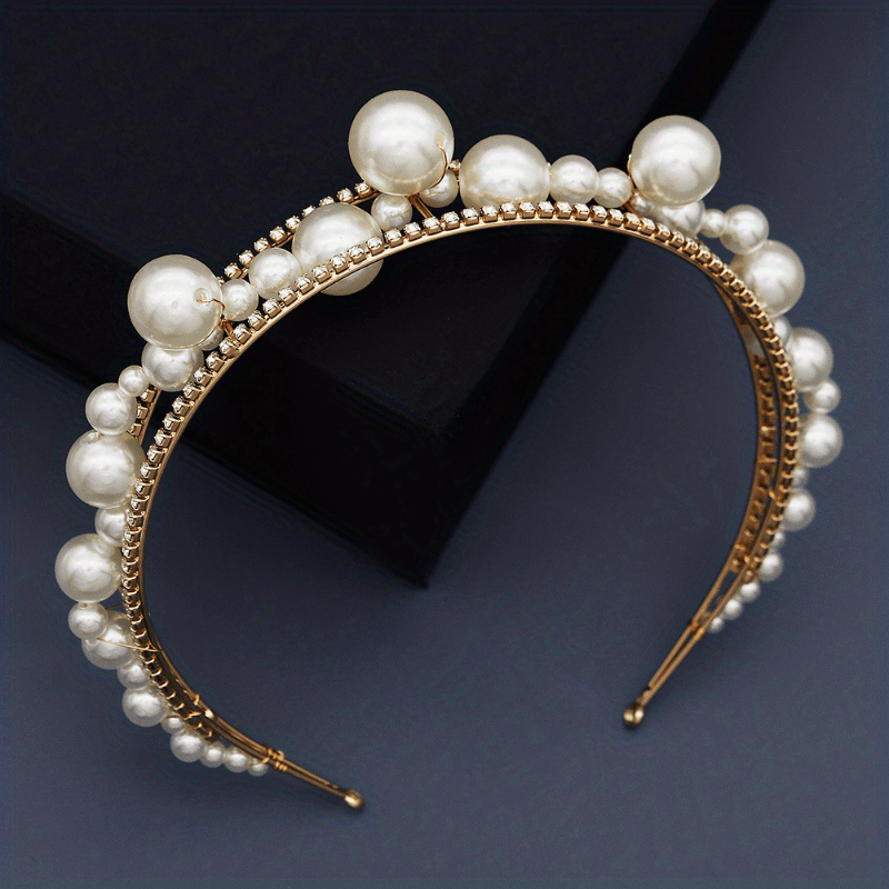 Double Row Rhinestones Faux Pearls Crown Headband