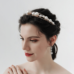 Double Row Rhinestones Faux Pearls Crown Headband