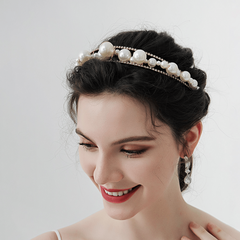 Double Row Rhinestones Faux Pearls Crown Headband