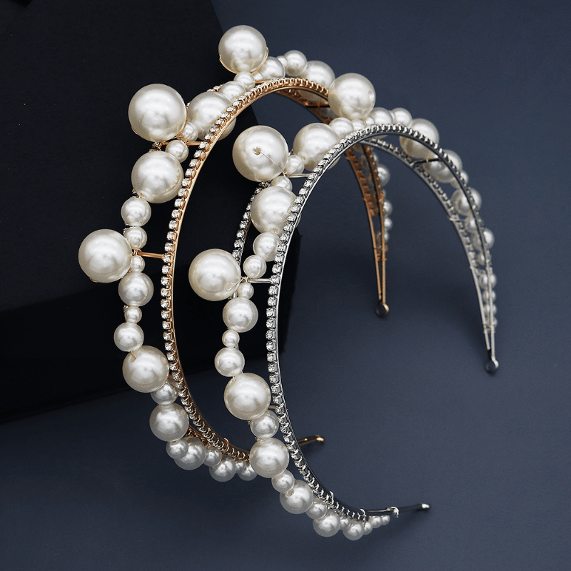 Double Row Rhinestones Faux Pearls Crown Headband