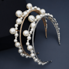 Double Row Rhinestones Faux Pearls Crown Headband