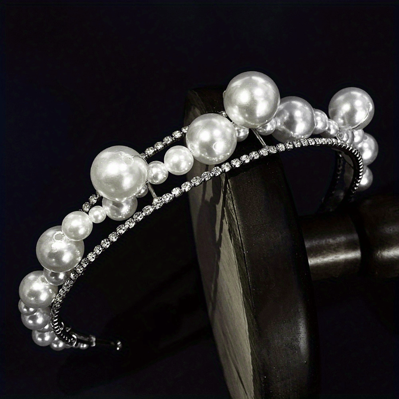 Double Row Rhinestones Faux Pearls Crown Headband