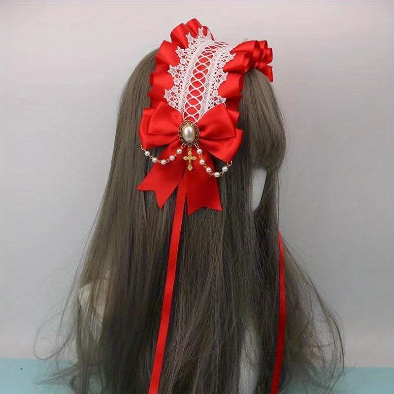 Lolita Wide Lace Headband Bow Ruffles Hair Band Faux Pearl Chain Cross