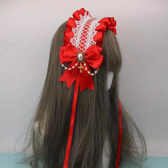 Lolita Wide Lace Headband Bow Ruffles Hair Band Faux Pearl Chain Cross