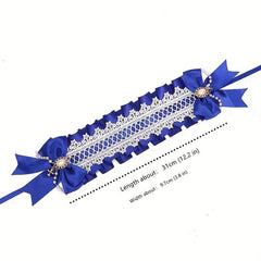 Lolita Wide Lace Headband Bow Ruffles Hair Band Faux Pearl Chain Cross