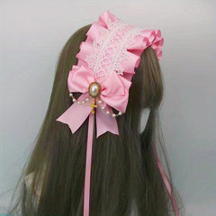 Lolita Wide Lace Headband Bow Ruffles Hair Band Faux Pearl Chain Cross