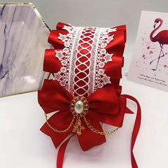 Lolita Wide Lace Headband Bow Ruffles Hair Band Faux Pearl Chain Cross