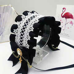 Lolita Wide Lace Headband Bow Ruffles Hair Band Faux Pearl Chain Cross
