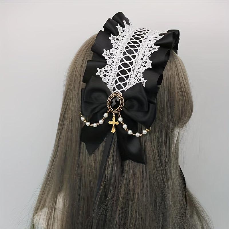 Lolita Wide Lace Headband Bow Ruffles Hair Band Faux Pearl Chain Cross