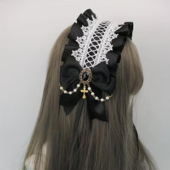 Lolita Wide Lace Headband Bow Ruffles Hair Band Faux Pearl Chain Cross
