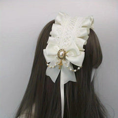 Lolita Wide Lace Headband Bow Ruffles Hair Band Faux Pearl Chain Cross