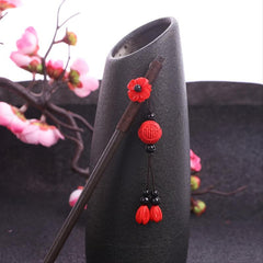 Vintage Red Flower Beaded Wooden Hairpin Women's Hair Fork Accessories