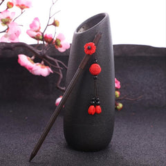 Vintage Red Flower Beaded Wooden Hairpin Women's Hair Fork Accessories