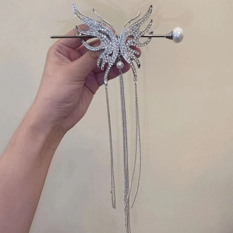 Rhinestone Hair Cuff Stick with Glitter Tassel Hair Pin for Women Girls