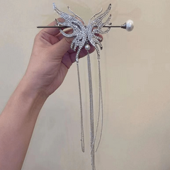 Rhinestone Hair Cuff Stick with Glitter Tassel Hair Pin for Women Girls