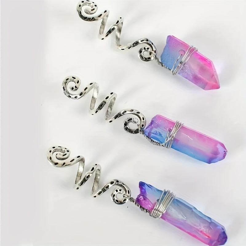3pcs Gradient Stone Hair Ring Dreadlocks Braid Hippie Style Hair Accessories