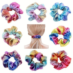 8pcs Y2K Laser Scrunchies Gradient Hair Rope Holographic Hair Ring