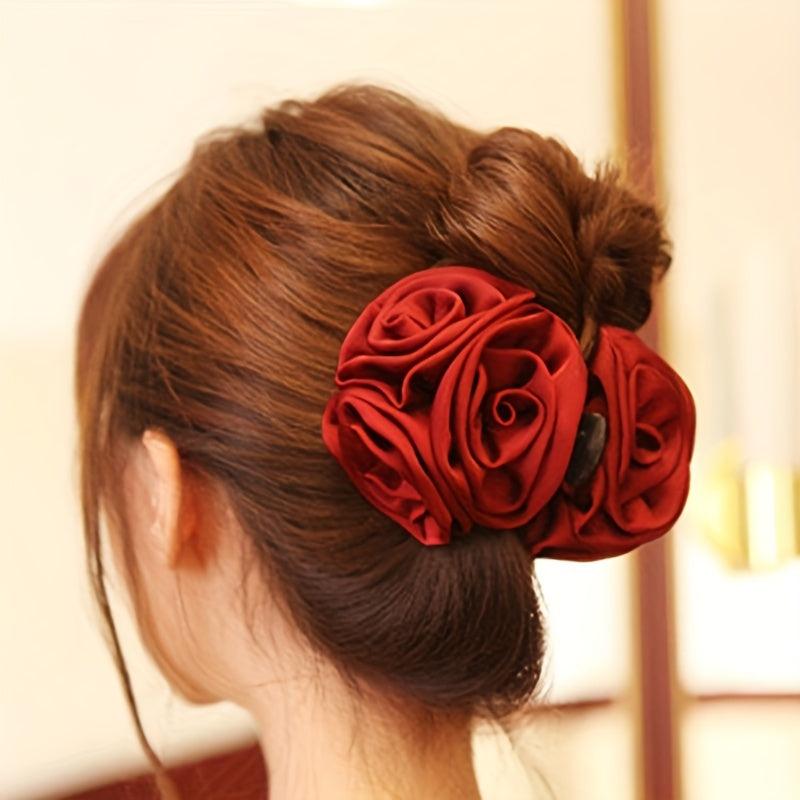 Fabric Flower Hair Claw Ponytail Holder for Women Girls