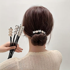 Rhinestone Hair Bun Maker with Pearl and Flower Hair Styling Tool