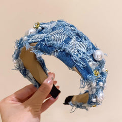 Denim Headband Cross Knotted Head Hoop Wide Headdress Faux Pearl Decor Hair Band