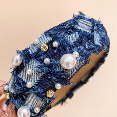 Denim Headband Cross Knotted Head Hoop Wide Headdress Faux Pearl Decor Hair Band
