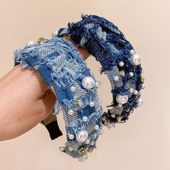 Denim Headband Cross Knotted Head Hoop Wide Headdress Faux Pearl Decor Hair Band