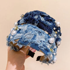 Denim Headband Cross Knotted Head Hoop Wide Headdress Faux Pearl Decor Hair Band