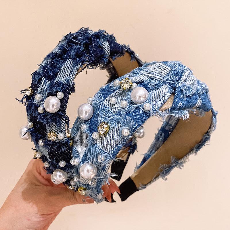 Denim Headband Cross Knotted Head Hoop Wide Headdress Faux Pearl Decor Hair Band