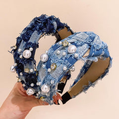 Denim Headband Cross Knotted Head Hoop Wide Headdress Faux Pearl Decor Hair Band