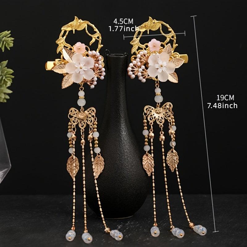 Flower Leaf Pearls Hairpins Tassel Hanfu Dress Hairclip