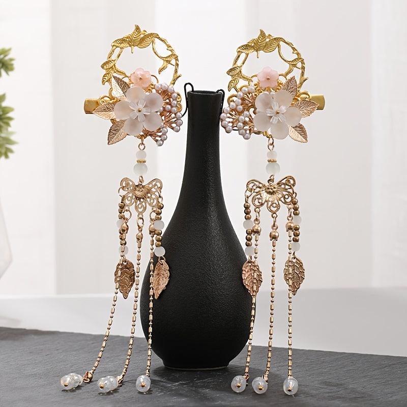 Flower Leaf Pearls Hairpins Tassel Hanfu Dress Hairclip