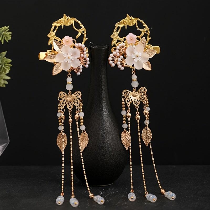 Flower Leaf Pearls Hairpins Tassel Hanfu Dress Hairclip