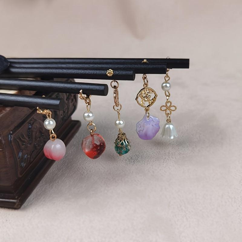Vintage Chinese Style Wooden Hair Pin with Flower Tassel