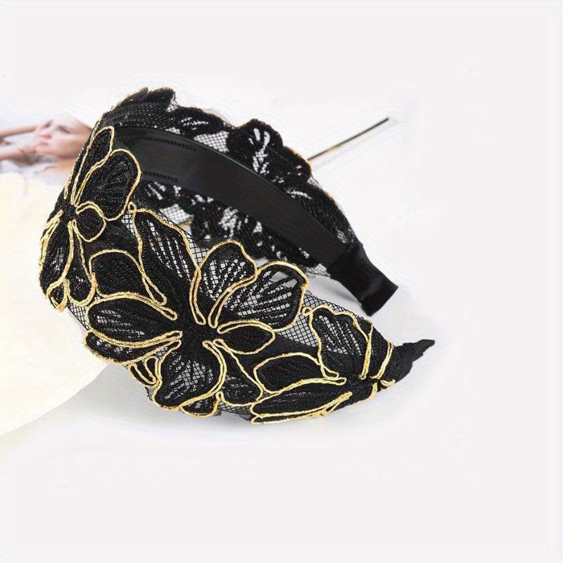 Wide Lace Headband Flower Embroidered Hair Band for Women Girls