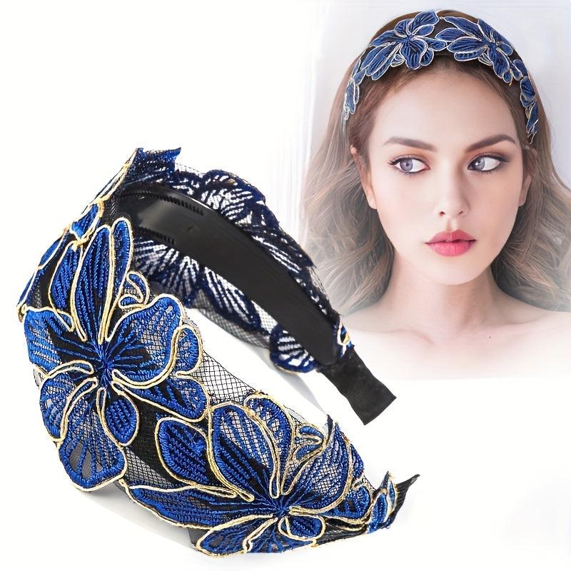 Wide Lace Headband Flower Embroidered Hair Band for Women Girls