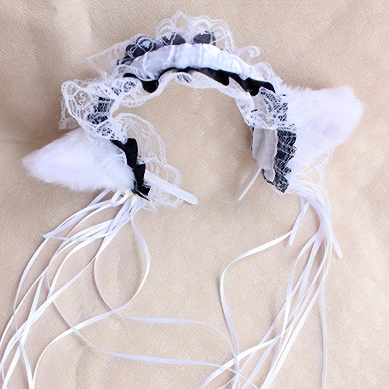 Cat Ears Headband Lace Hoop Tassel Lolita Hair Band for Cosplay Costume
