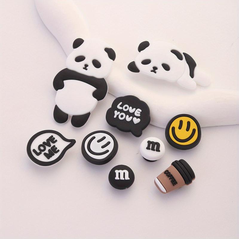 9pcs Cartoon Panda Shoe Charms Soft Rubber Clogs Buckle Accessories