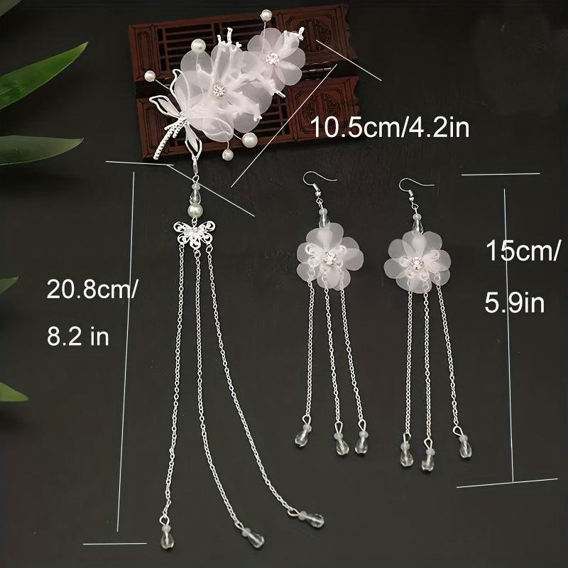 Flower & Tassel Decor Hair Clip Rhinestone Earrings Set