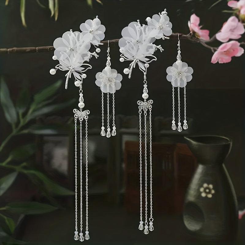 Flower & Tassel Decor Hair Clip Rhinestone Earrings Set