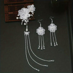 Flower & Tassel Decor Hair Clip Rhinestone Earrings Set