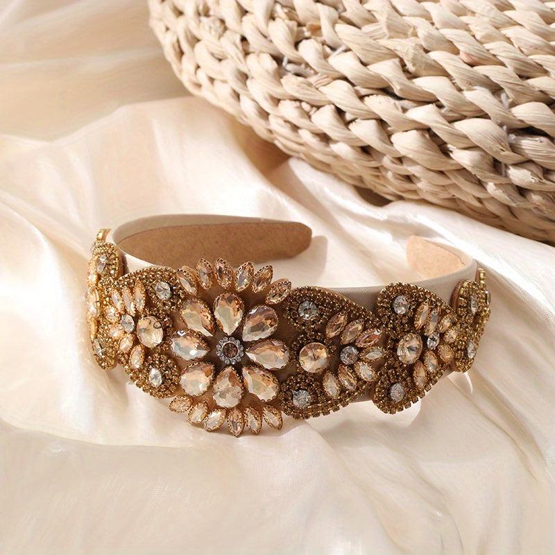 Baroque Rhinestone Headband Wide Head Hoop Crystal Headdress Flower Hair Band