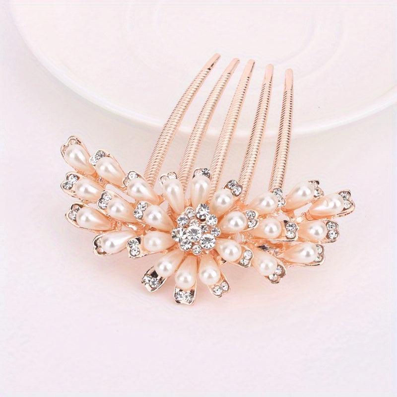 Faux Pearl Flower Hair Comb Rhinestone Hair Comb Head Jewelry