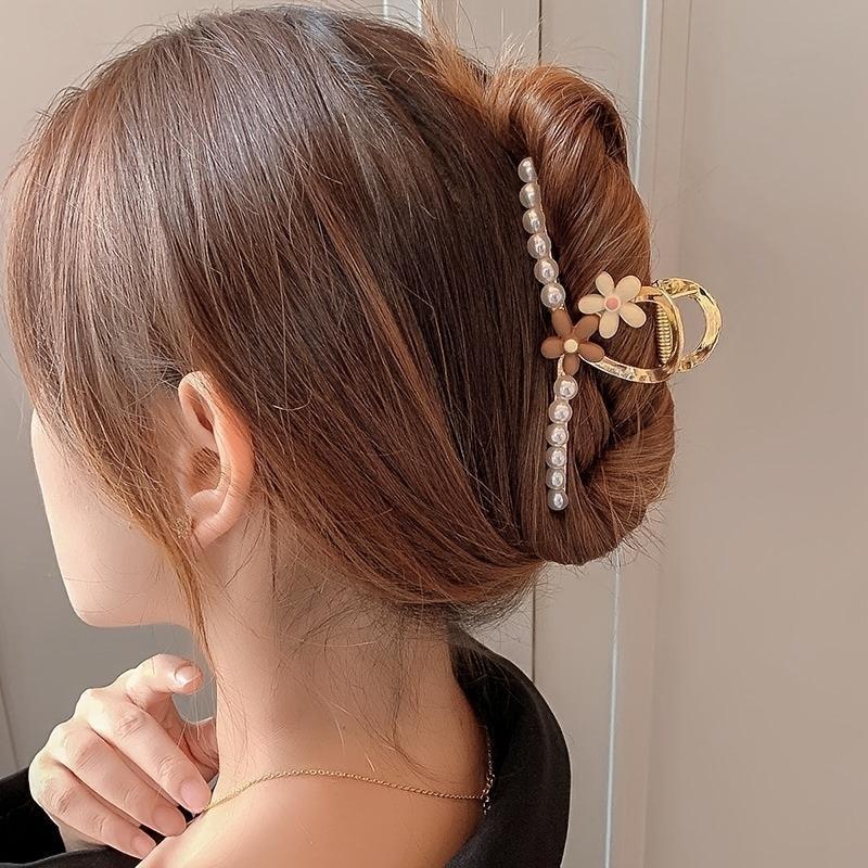 Metal Faux Pearl Hair Claw Large Shark Claw Ponytail Holder Hair Accessories
