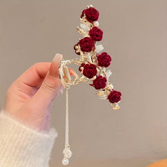 Alloy Flower Hair Claw with Faux Pearl Tassel Clip