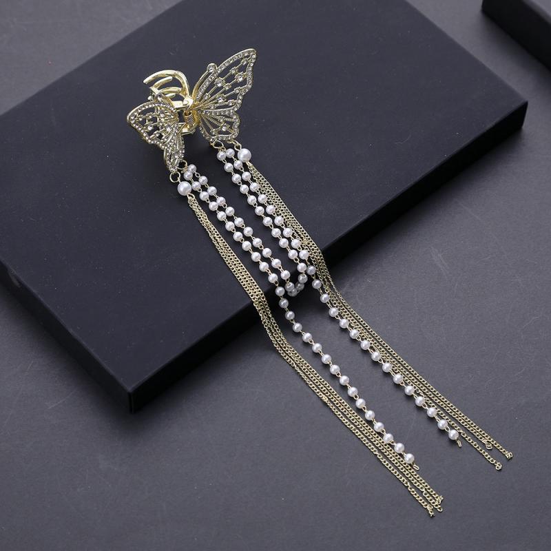 Butterfly Tassel Hair Claw Clips Faux Pearl Rhinestone Metal