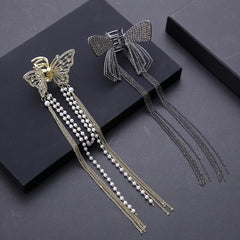 Butterfly Tassel Hair Claw Clips Faux Pearl Rhinestone Metal