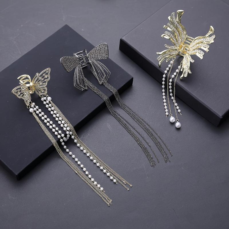 Butterfly Tassel Hair Claw Clips Faux Pearl Rhinestone Metal