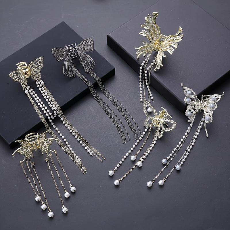 Butterfly Tassel Hair Claw Clips Faux Pearl Rhinestone Metal