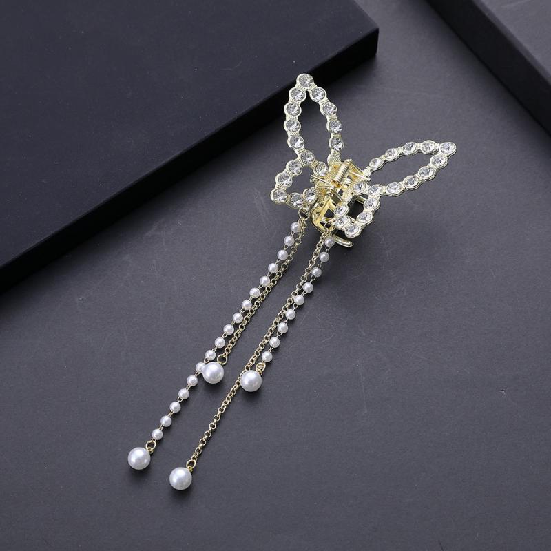 Butterfly Tassel Hair Claw Clips Faux Pearl Rhinestone Metal