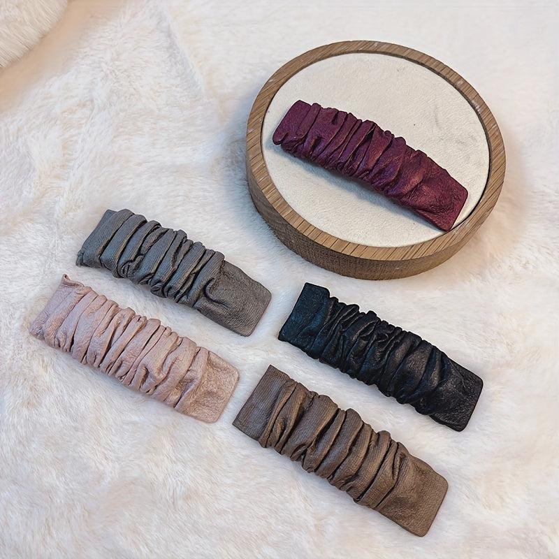 5pcs Pleated PU Leather Snap Clip Style Hair Clip Hairpin Women Girls